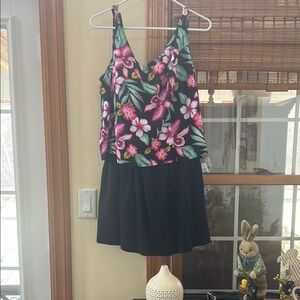 Floral Print Sleeveless Top and Black skort Bathing Suit